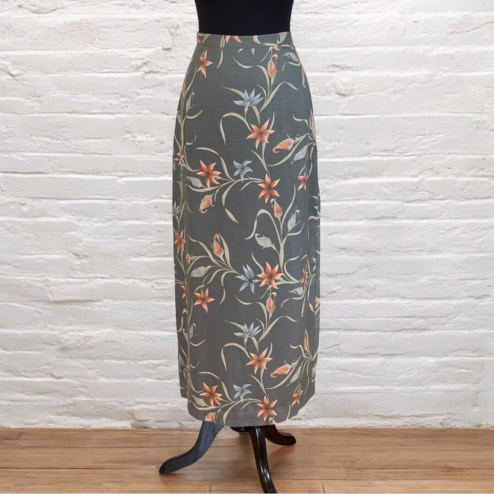 Tommy Bahama Silk Gray Orange Florals Maxi Pencil Skirt Sz 6 Lined Back Slit